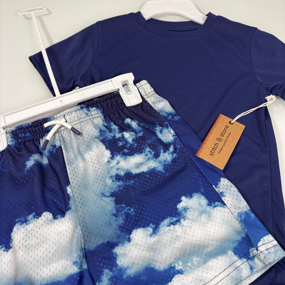 Stitch & Stone Kids Size 7 Blue Cloud Print Mesh Shorts T-Shirt Swim Set NEW